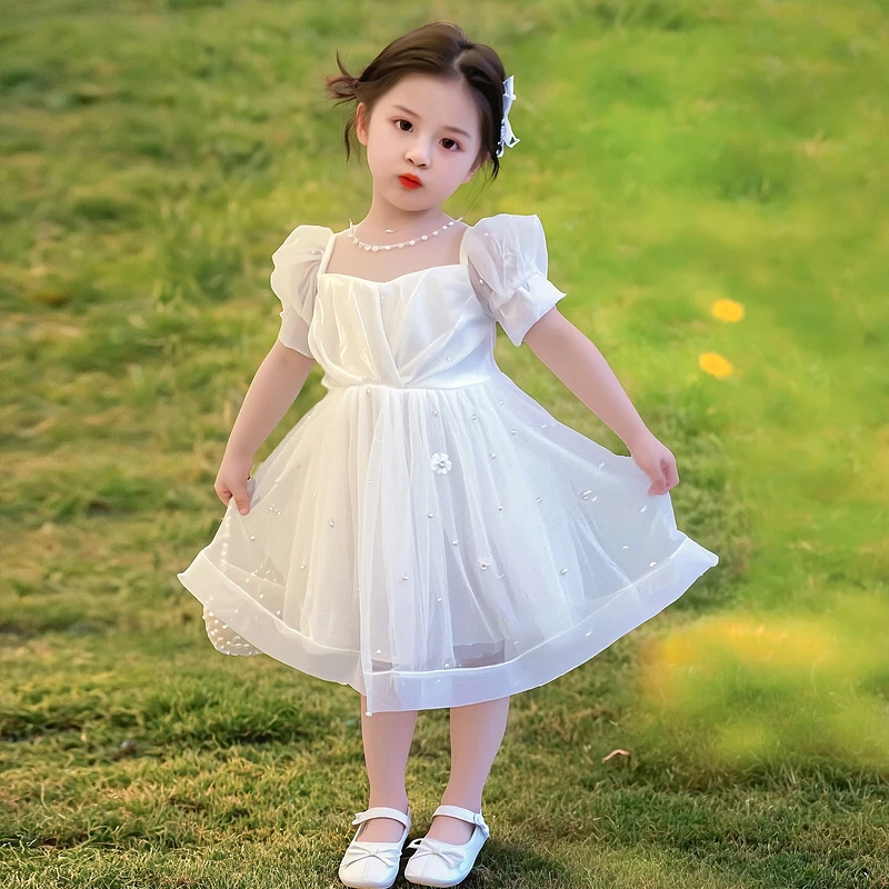 六一表演服幼儿园毕业典礼主持人礼服白色网纱连衣裙公主蓬蓬裙子