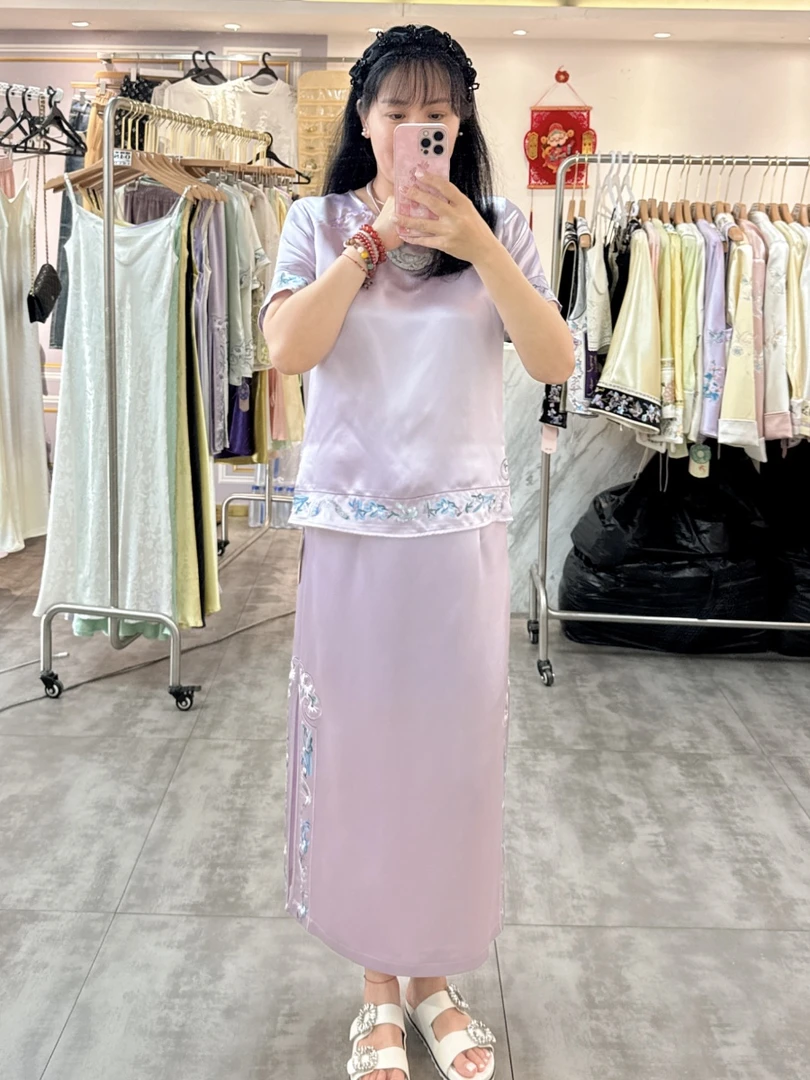 南油高货进口醋酸重工刺绣新中式如意头开衩半身裙短裤上衣女