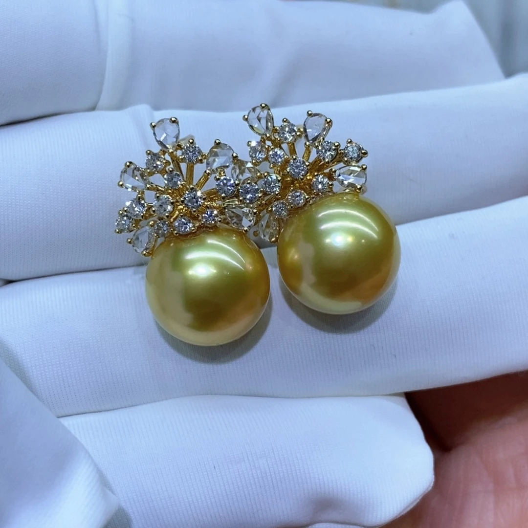 海水珍珠耳饰18K金镶嵌金珠珍珠12-13mm