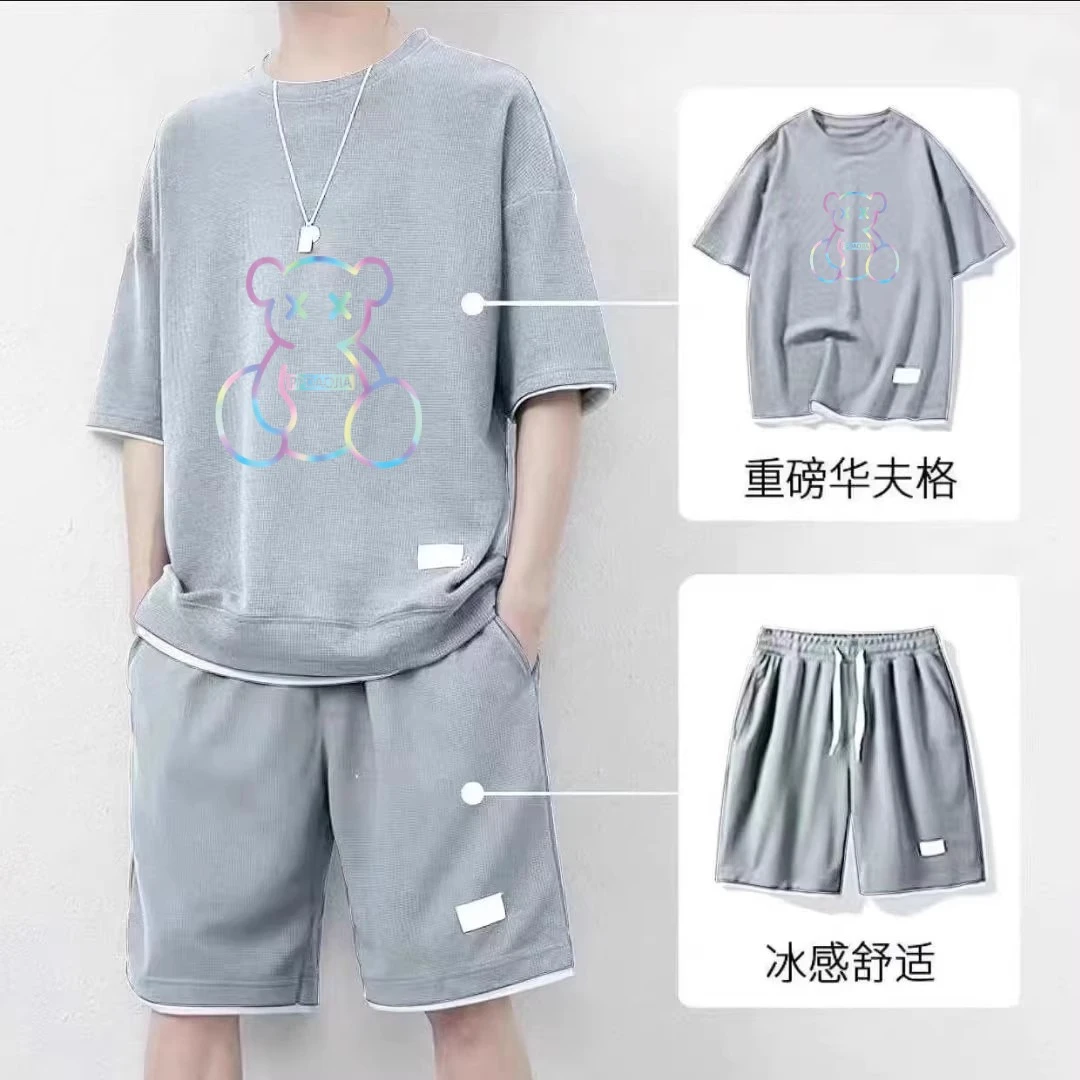 新款夏季休闲宽松男士运动短袖速干短裤华夫格潮流青年百搭两件套