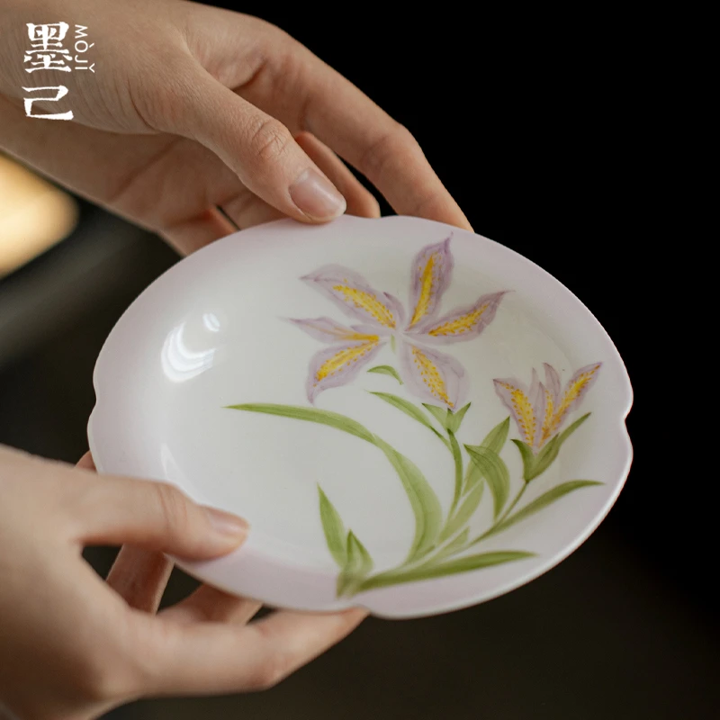 墨己玉泥紫烟鸢尾花瓣壶承功夫茶具家用陶瓷手绘茶点盘瓜果盘配件