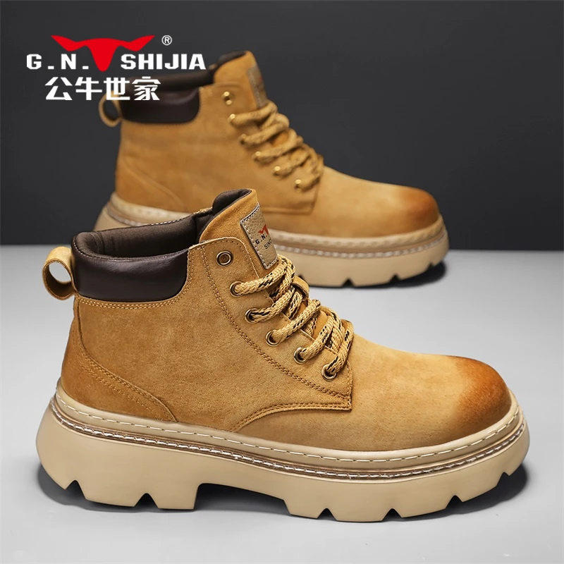 公牛世家马丁靴男冬季新款高帮英伦风休闲皮鞋高级感大黄靴皮鞋子