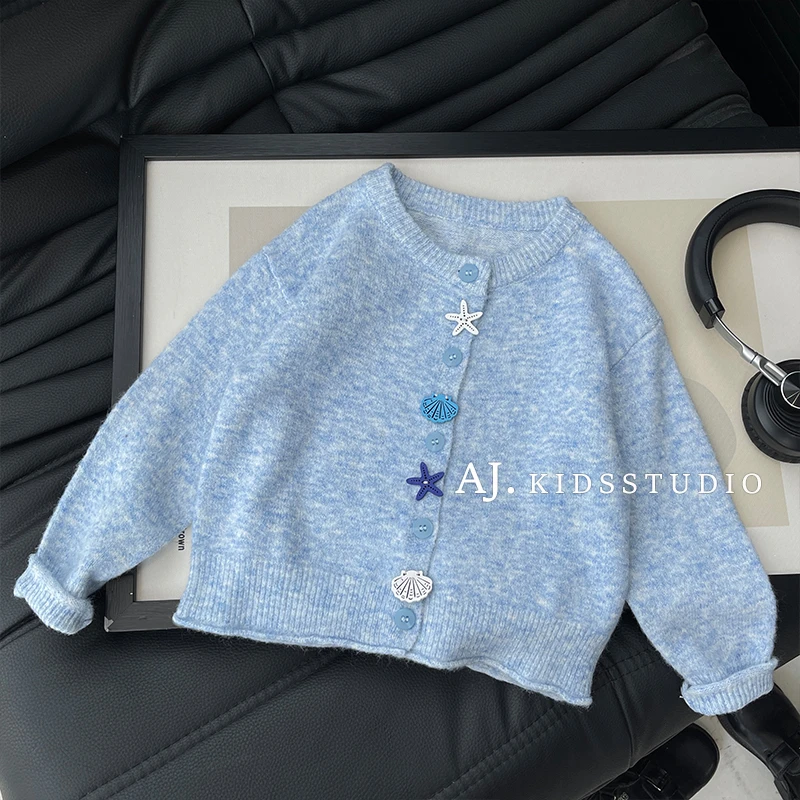 【阿湫】2025秋装女童韩版海洋元素装饰清新针织毛衣开衫MPG6832