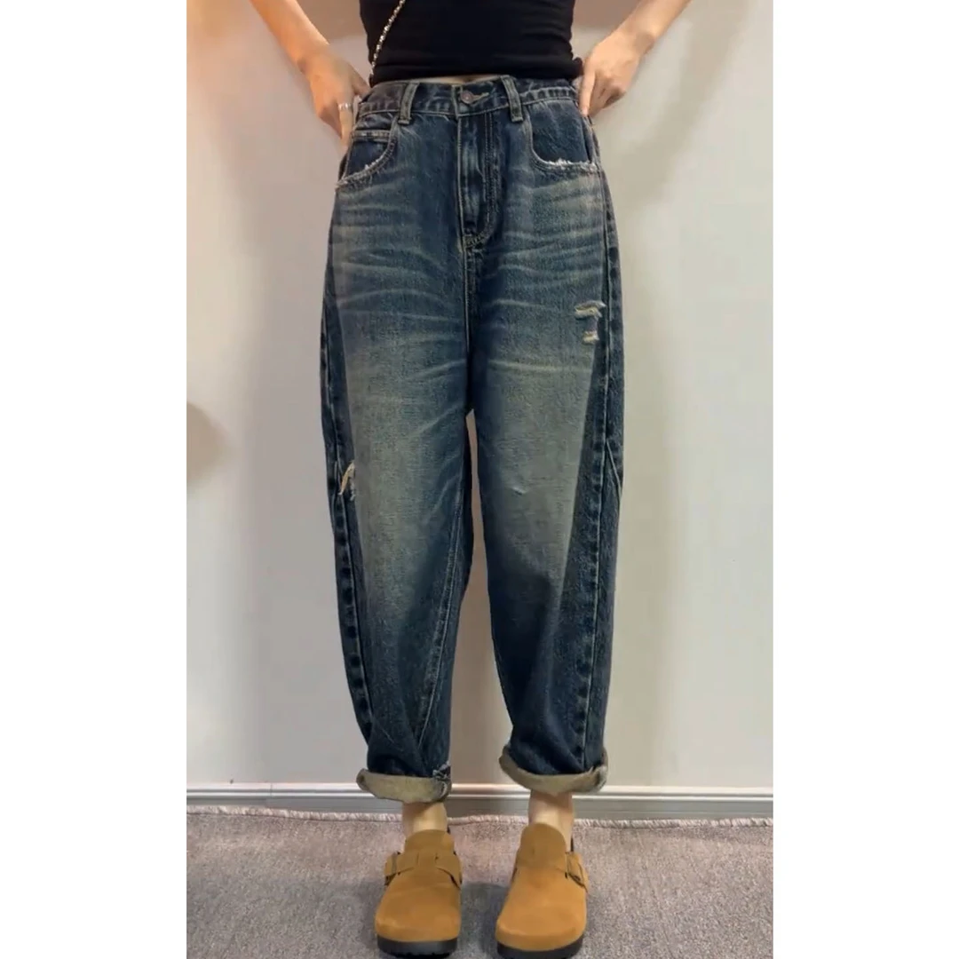 艾塔莉时尚百搭阔腿牛仔裤秋季新款女弹力韩版大码显瘦复古哈伦裤