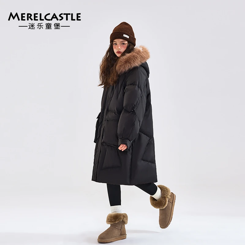 J2817女童羽绒服2025新款冬季90白鸭绒大儿童冬装中长款毛领外套