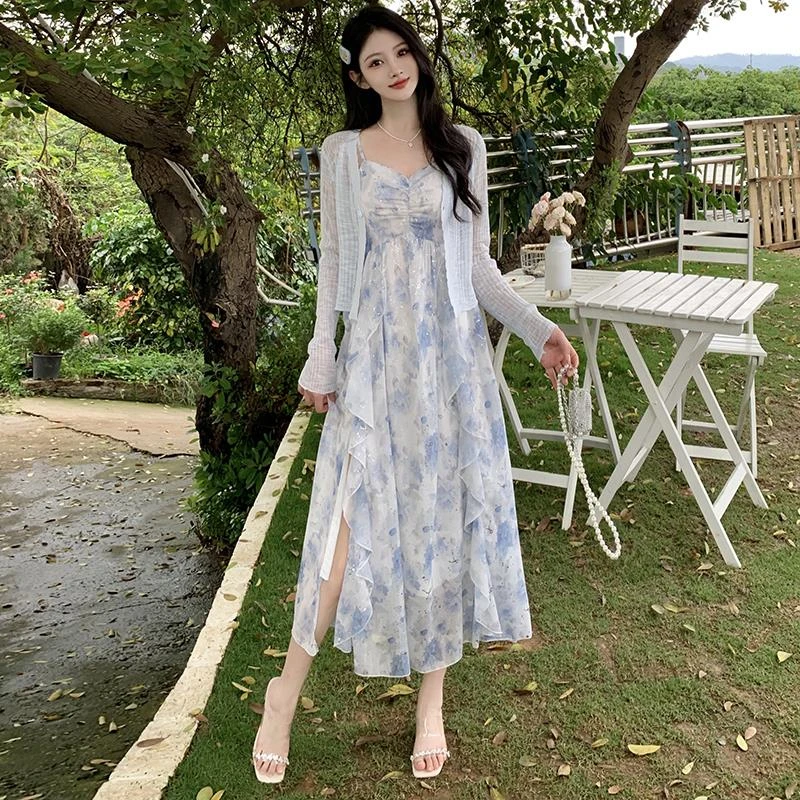 法式气质碎花吊带连衣裙两件套大码女装胖mm高腰显瘦不规则长裙子