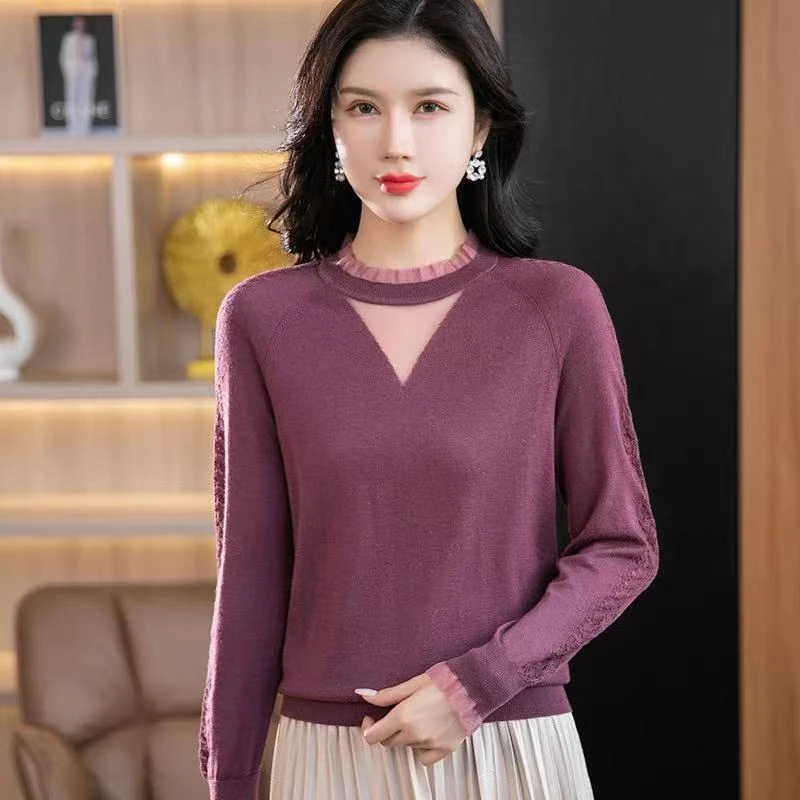 2025新款套头针织衫上衣女宽松网纱蕾丝镂空打底衫4000