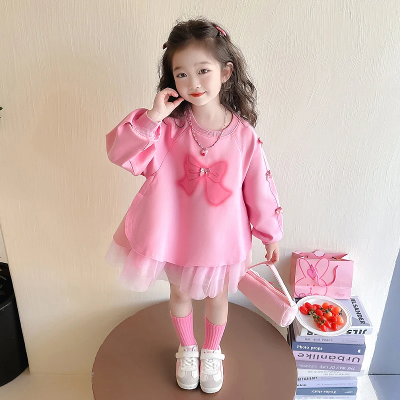 女童蝴蝶结卫衣裙小女孩公主裙2025春季新款连衣裙女中小童洋气