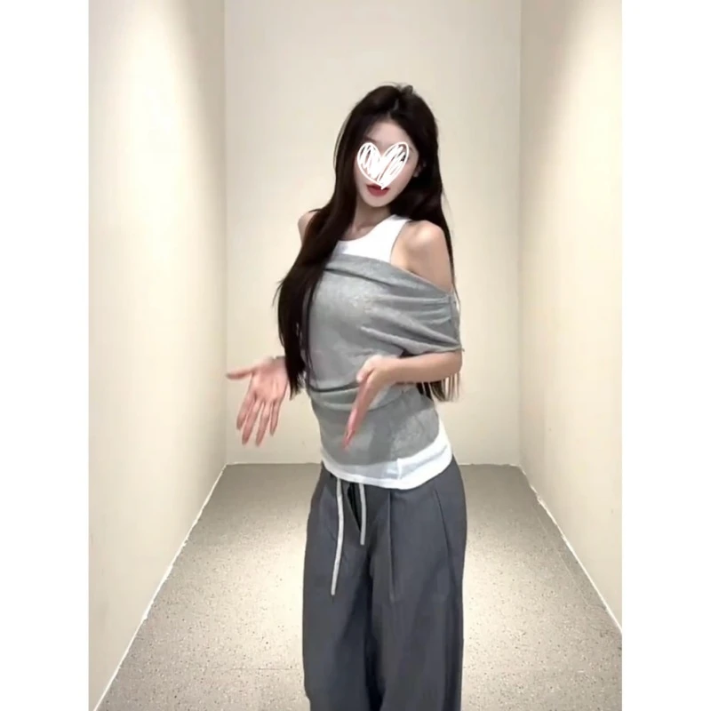 2025夏季爆款双层不对称设计感圆领无袖背心短袖恤百搭女上衣潮