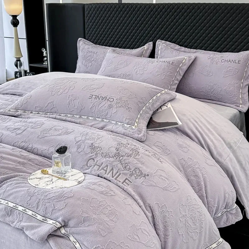 富安娜秋冬季加厚 A类牛奶绒床上四件套雕花床单被套双面保暖绒款