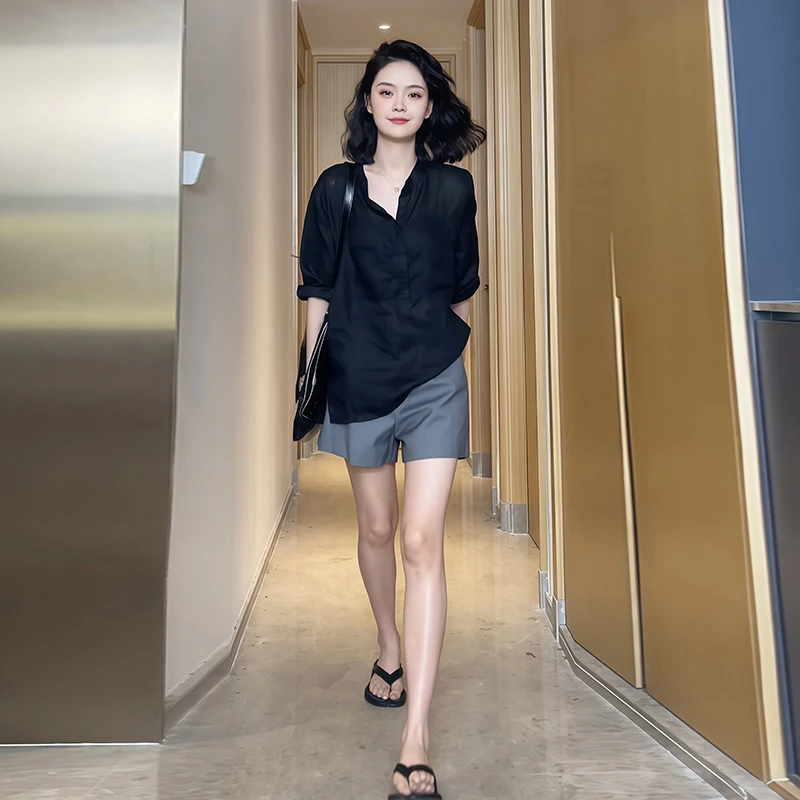 2025夏装轻奢高端女装洋气上档次黑色显瘦防晒衬衫小个子穿搭套装
