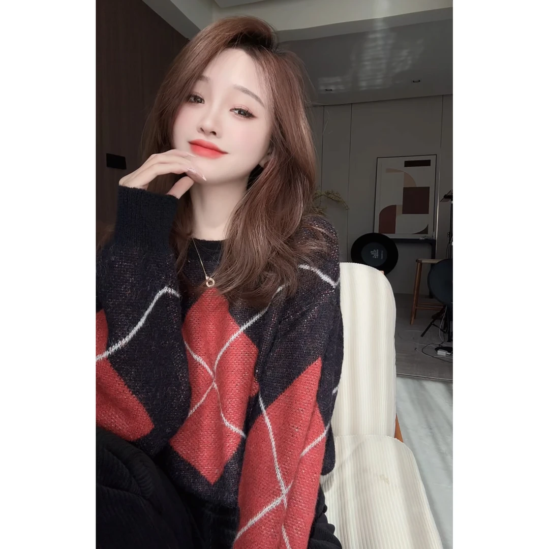 【CHEN】洋气设计感菱格拼色毛衣气质温柔显瘦长袖针织衫24112707