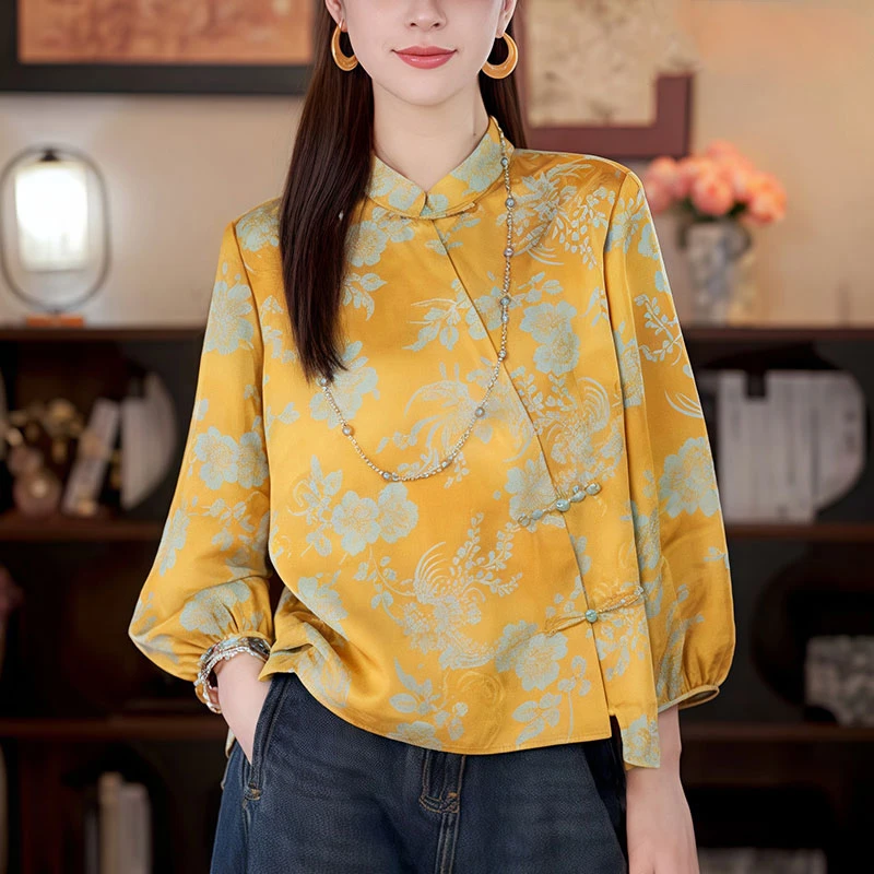 新中式国风女装知性风上衣2025早秋新款高级感老钱风提花唐装衬衫