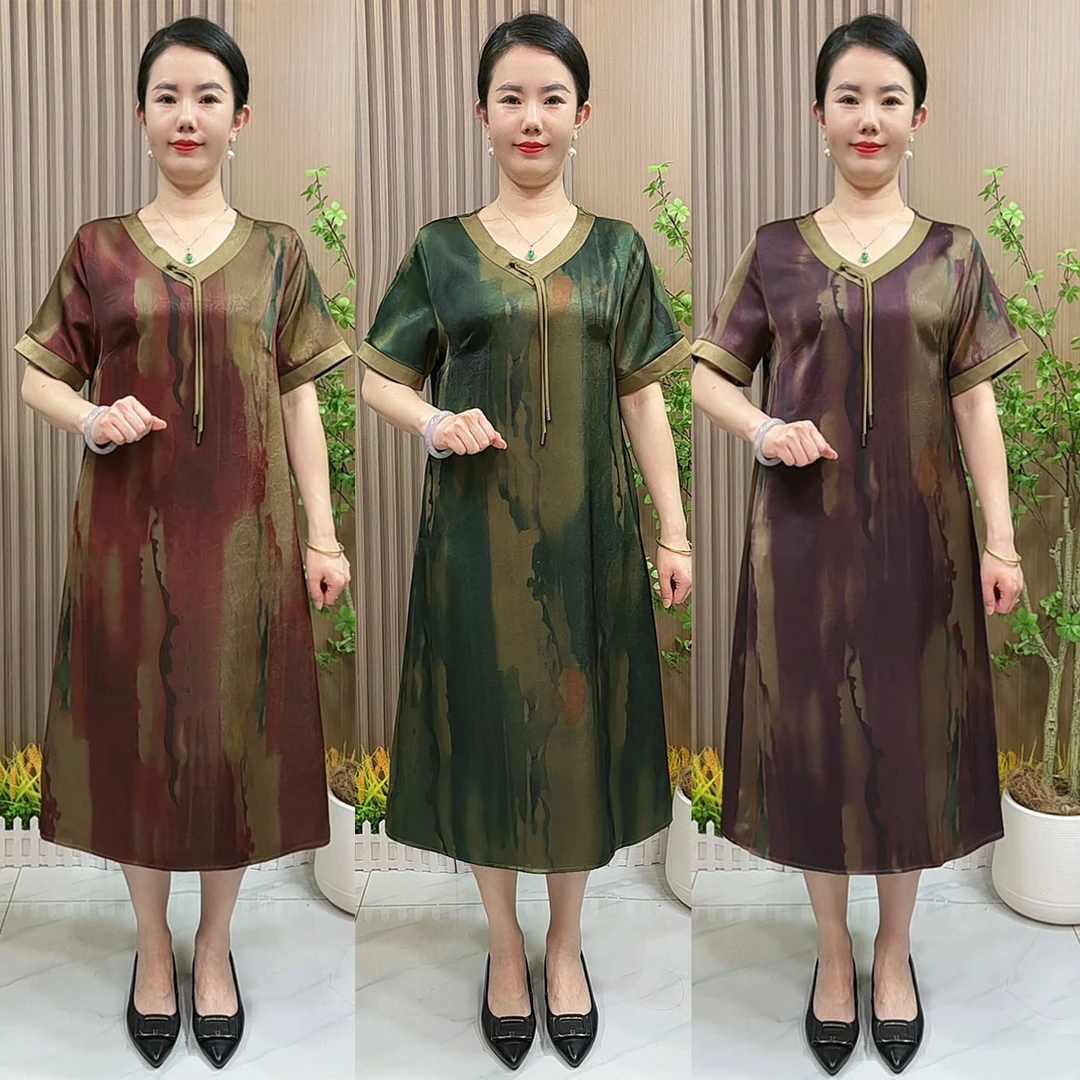 妈妈夏装洋气连衣裙中长款中老年女装夏季大码宽松V领流苏裙子