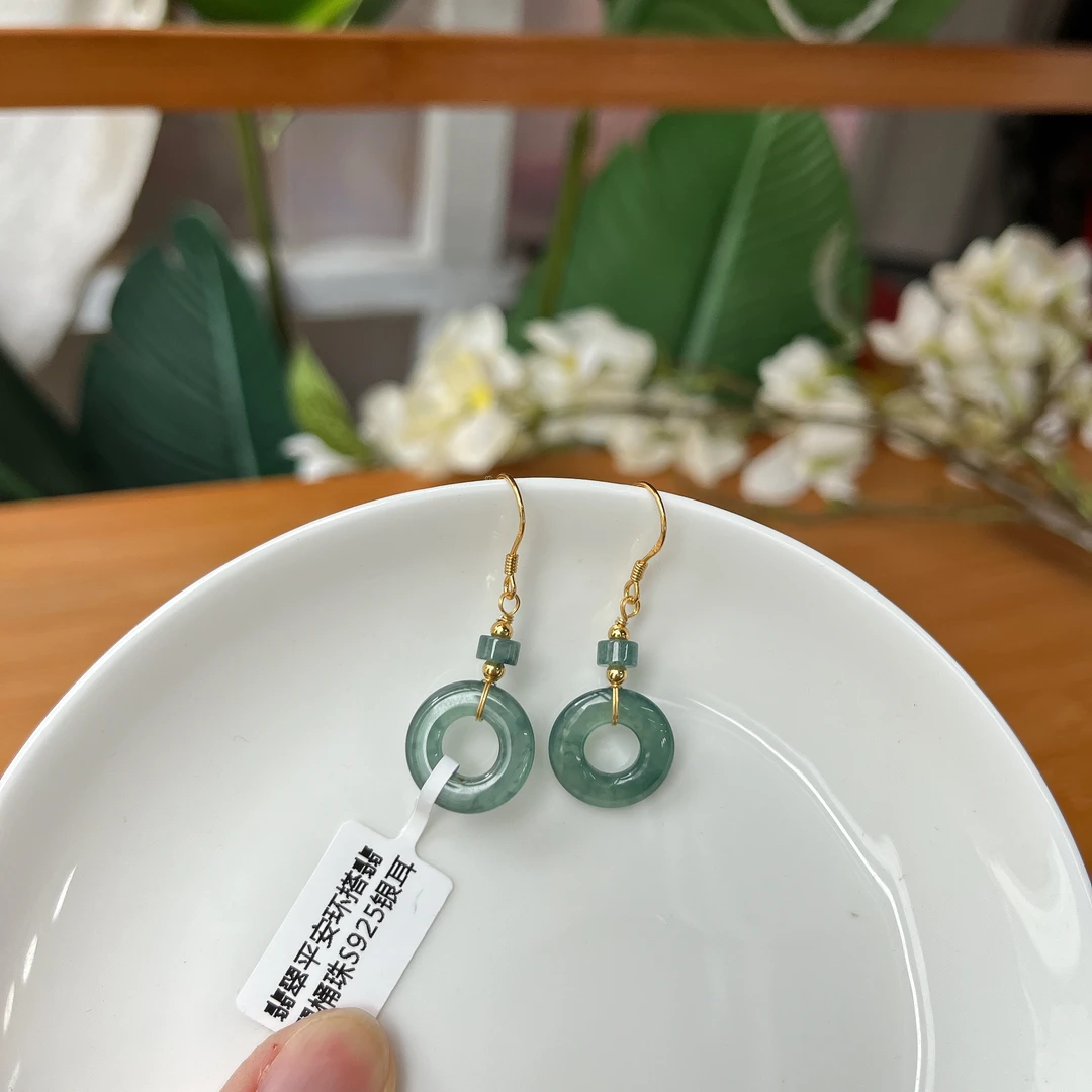 【郭老师】约14-15mm冰种翡翠平安环搭翡翠桶珠S925银耳钩手工