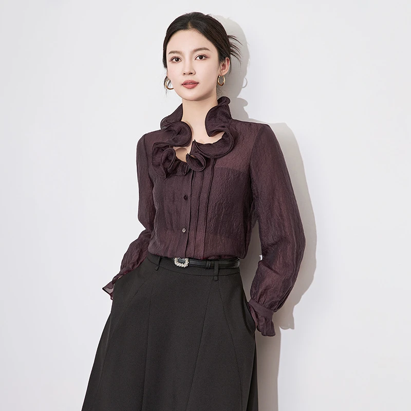 深圳南油女装轻奢洋气衬衣立体花朵人丝泡泡绉衬衫女春季2501503