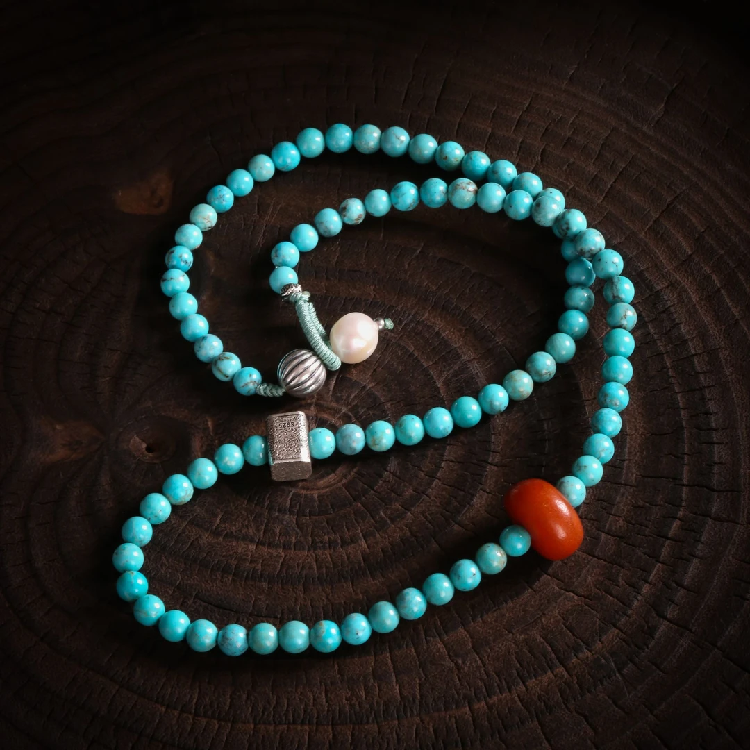 N18086<非晚>s925银松石圆珠蜜蜡片方形银枕瓜珠珍珠项链