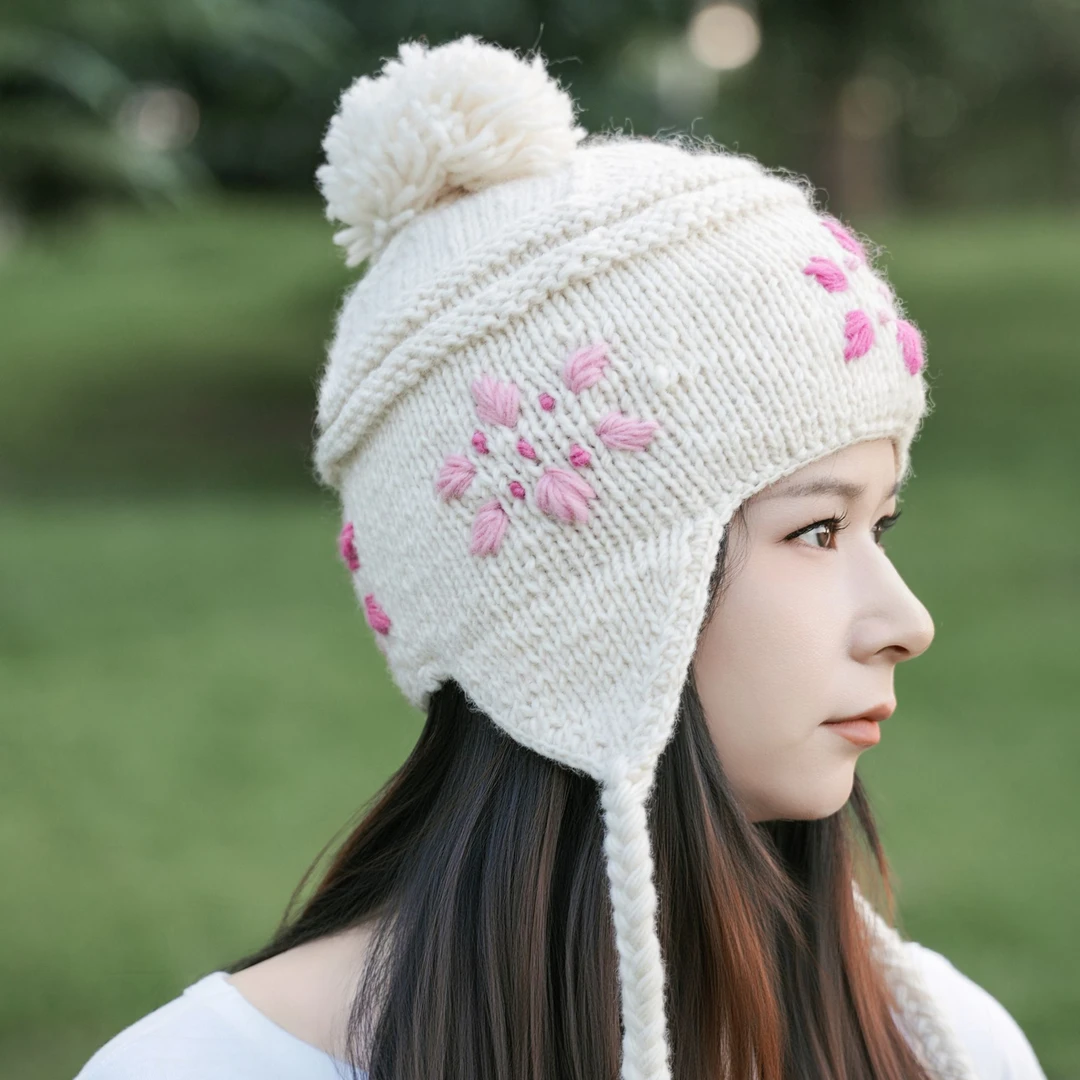 雪花针织帽冬季秋冬女无檐护耳帽子时尚手工羊毛针织