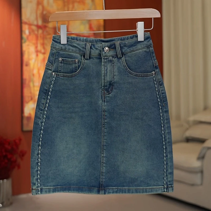 蓝色时尚牛仔A字裙女春夏新款减龄中长款半身裙弹力显瘦一步裙子a