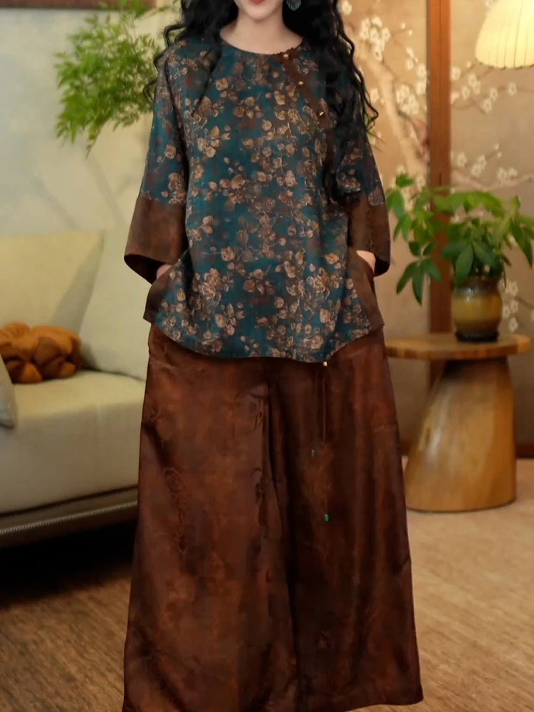 新中式国风复古提花裤套装女2025夏季新款宽松遮肚子衬衫+阔腿裤