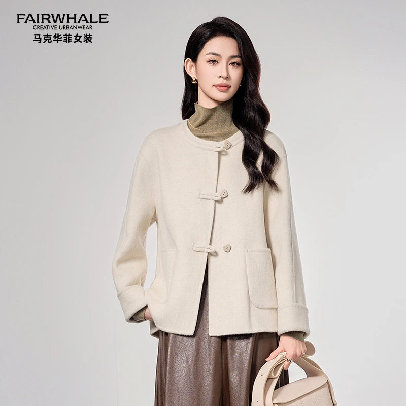 马克华菲女装秋冬新品气质圆领百搭软糯绵羊毛大衣 HD