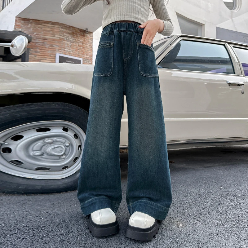 女童裤子牛仔阔腿裤春秋装2025新款中大童洋气网红直筒裤春季长裤