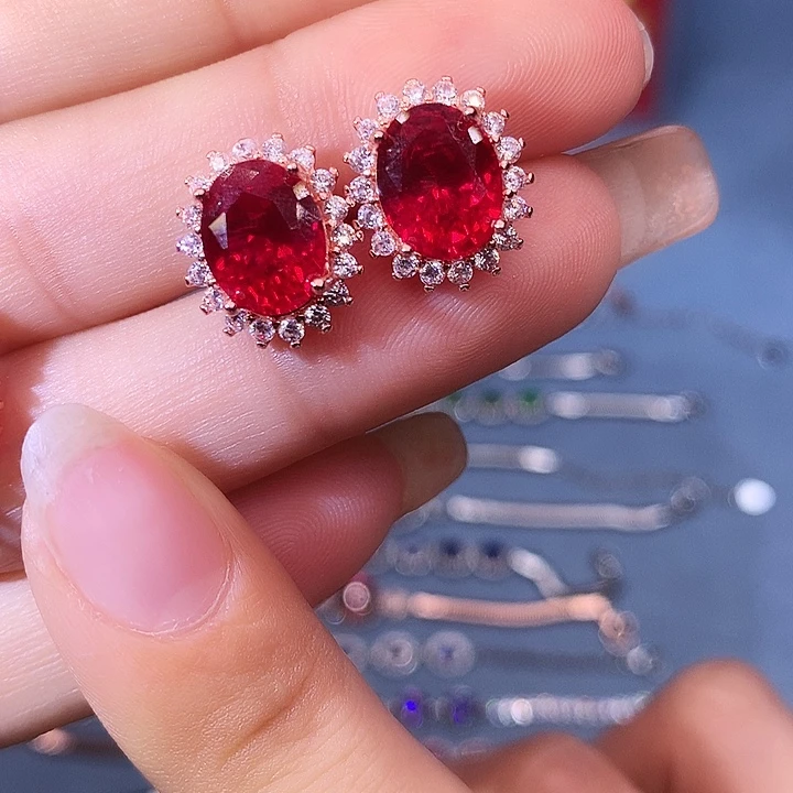 红宝石耳饰银S925镶嵌