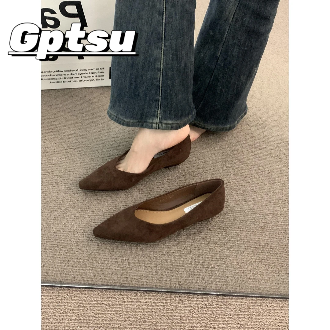 GPTSu法式高级小众棕色单鞋女鞋子2025春秋款坡跟气质尖头奶奶鞋
