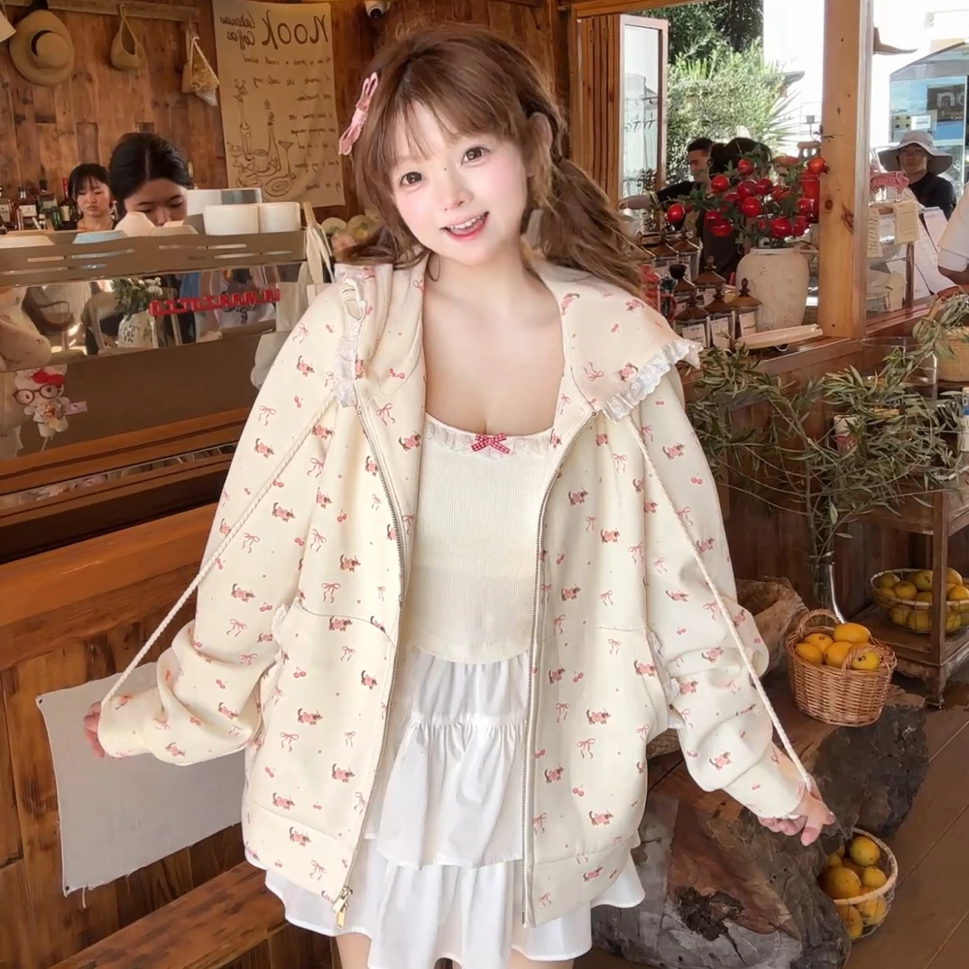 茄茄西米原创[恋爱邮箱]粉色小狗蝴蝶结花边连帽甜美可爱女卫衣秋