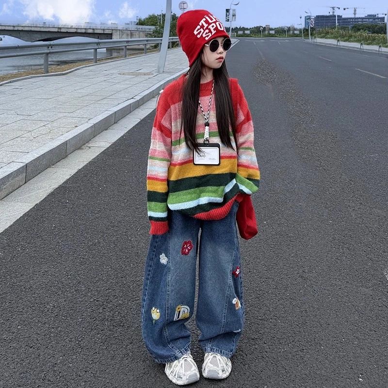 女童彩色毛衣牛仔裤套装2025新款儿童秋装上衣中大童秋季休闲洋气
