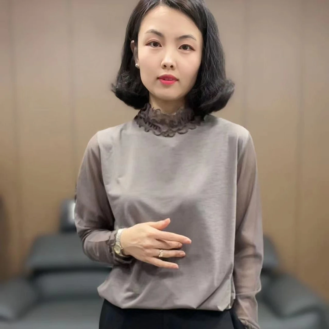 【香香优选】韩国女士网面袖木耳领打底衫新款女士时尚百搭洋气长袖