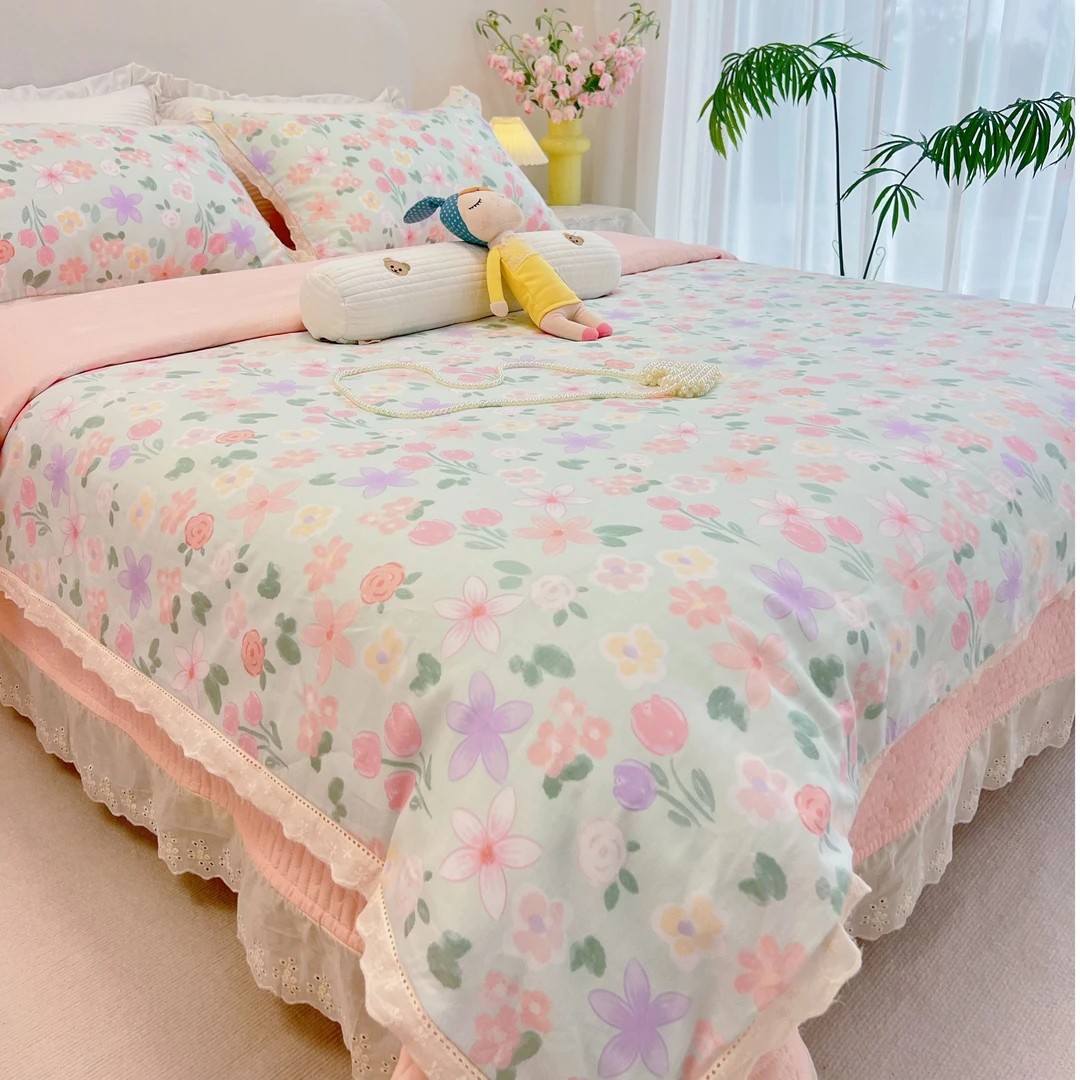 法式纯棉床盖四件套公主风全棉被套夹棉床盖三件套可机洗四季通用