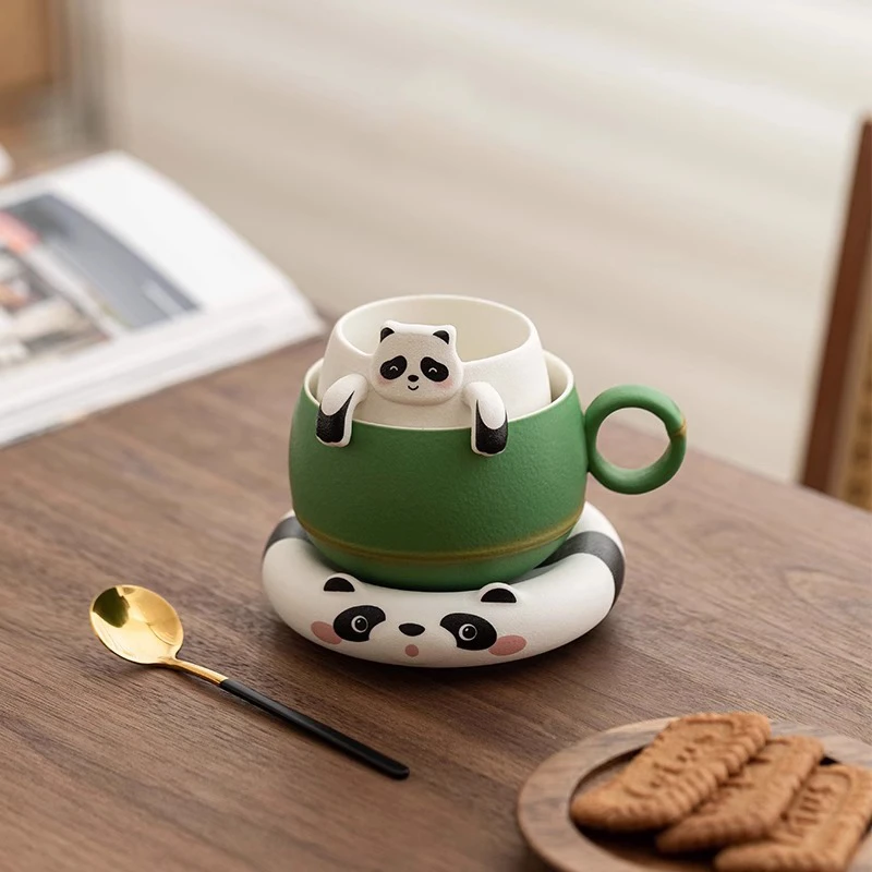 凡山堂熊猫泡茶杯陶瓷茶水分离带盖马克杯创意咖啡杯水杯伴手礼