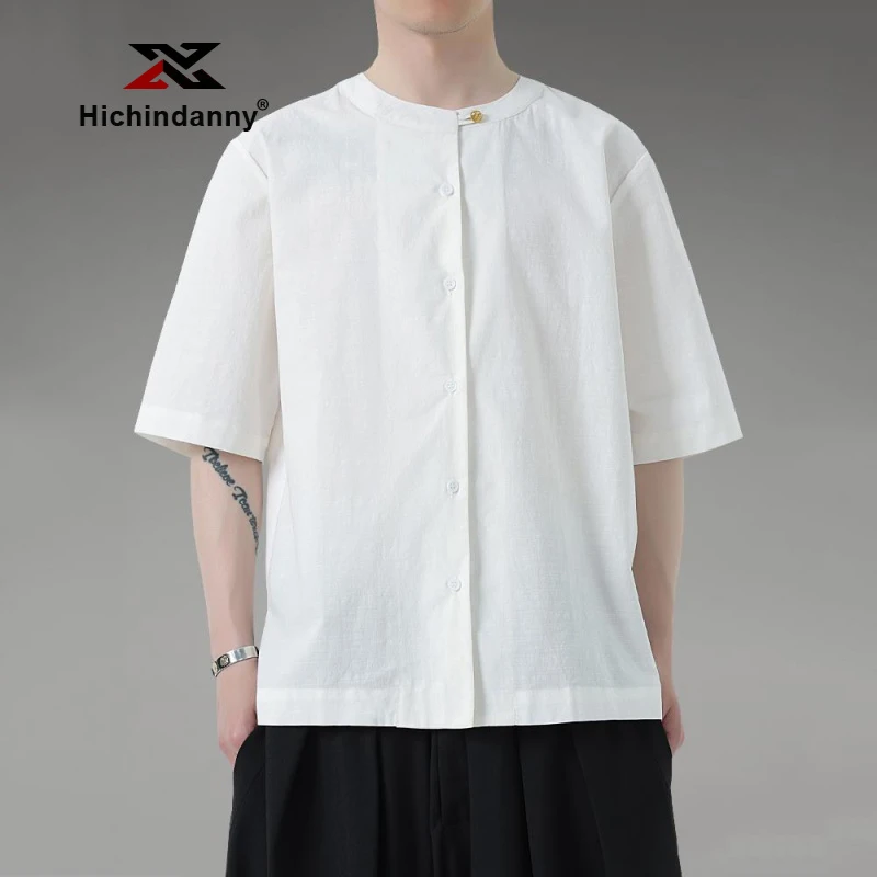 HICHIN休闲短袖衬衫男士夏季薄款透气宽松衬衣新中式复古盘扣上衣