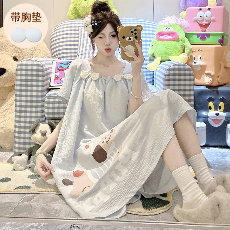 带胸垫睡裙女夏季短袖甜美卡通腊肠狗少女睡衣2025新款爆款家居服