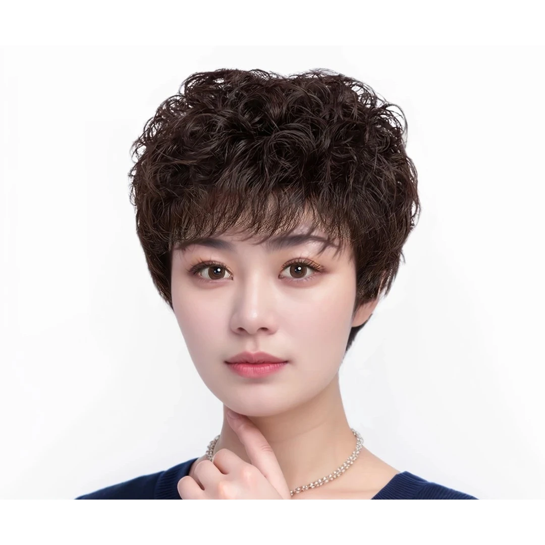 【四季轻薄款】真发全头套女款短卷发中老年真人发丝减龄妈妈假发