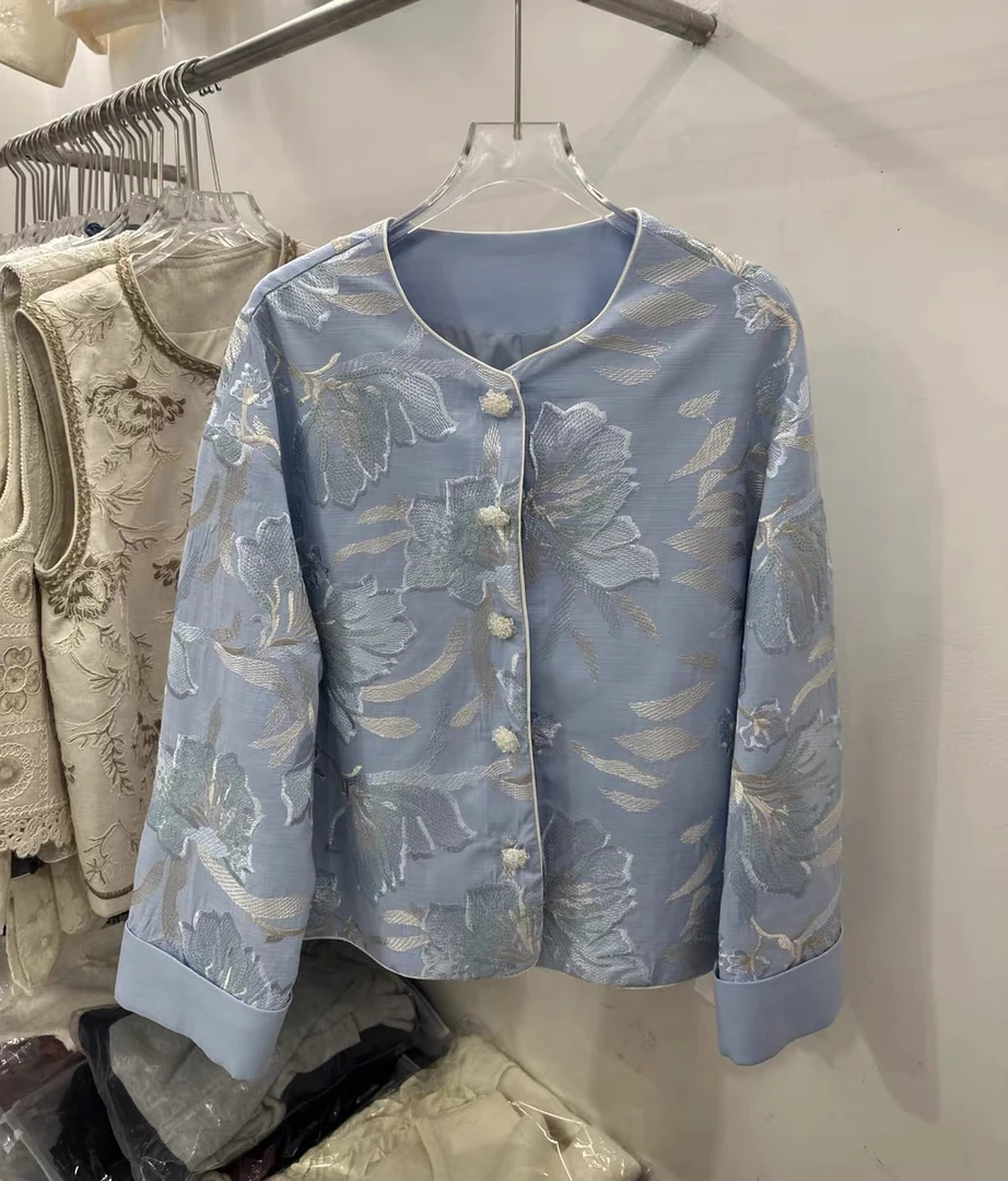 国风蓝色刺绣短外套女重工刺绣上衣2025春季新款短款新中式开衫潮