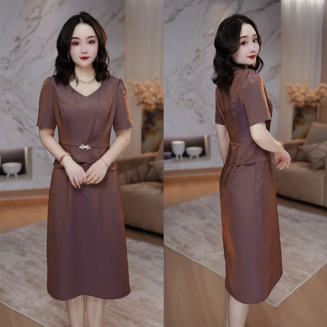 2025夏季时尚气质妈妈装洋气减龄百搭显瘦假两件短袖连衣裙M-5XL