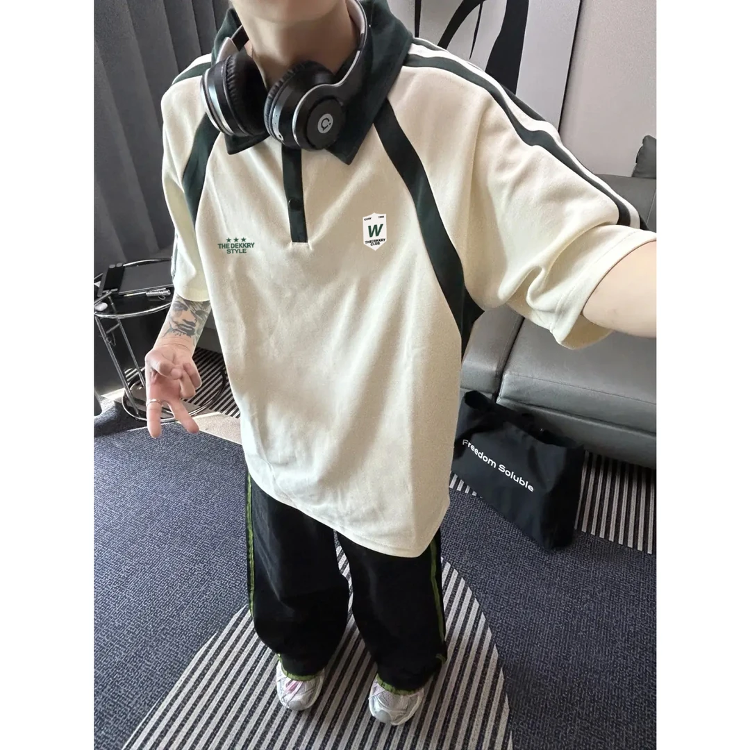 美式个性盾牌字母印花拼色翻领Polo衫男女夏季休闲纯棉短袖上衣潮