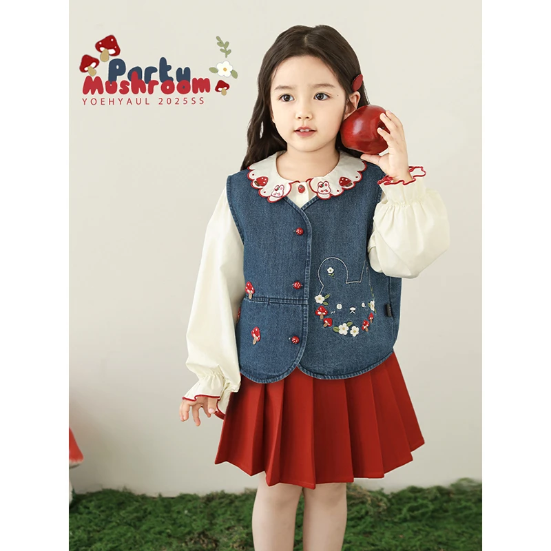 YOEHYAUL/幼悠幼悠【扮俏蘑菇】春壹波女童春秋洋气牛仔马甲 C3227