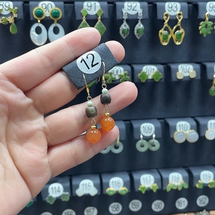 南红玛瑙银S925镀金镶嵌耳饰