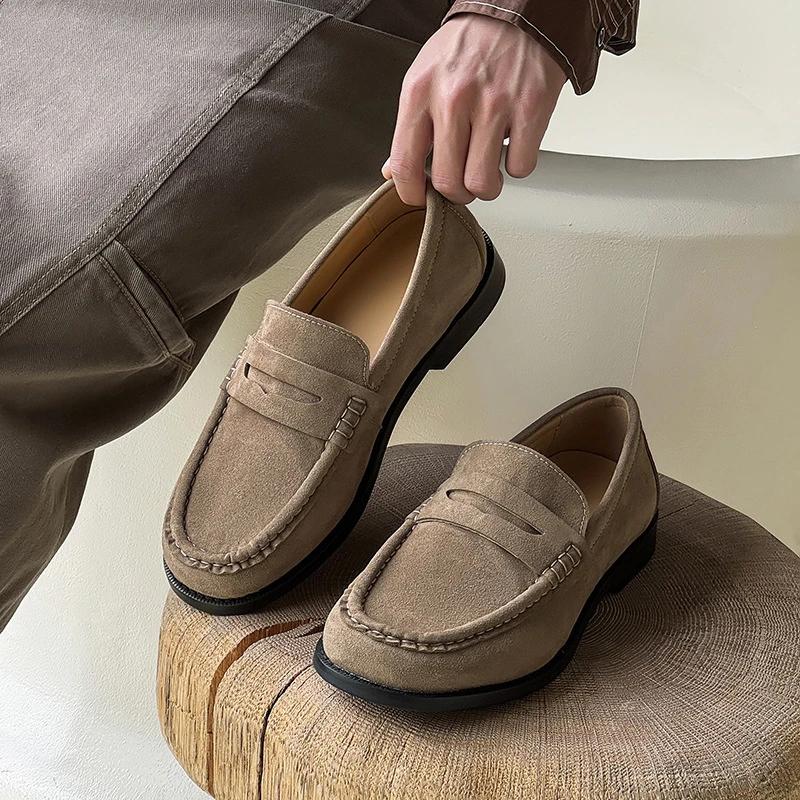 CPOZ男鞋软底平跟英伦风格乐福鞋男士休闲纯色绒面舒适通勤懒人