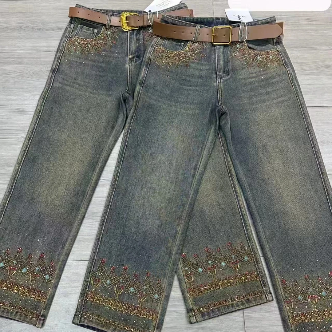 时尚百搭重工刺绣烫钻高腰显瘦八分女烟管牛仔裤
