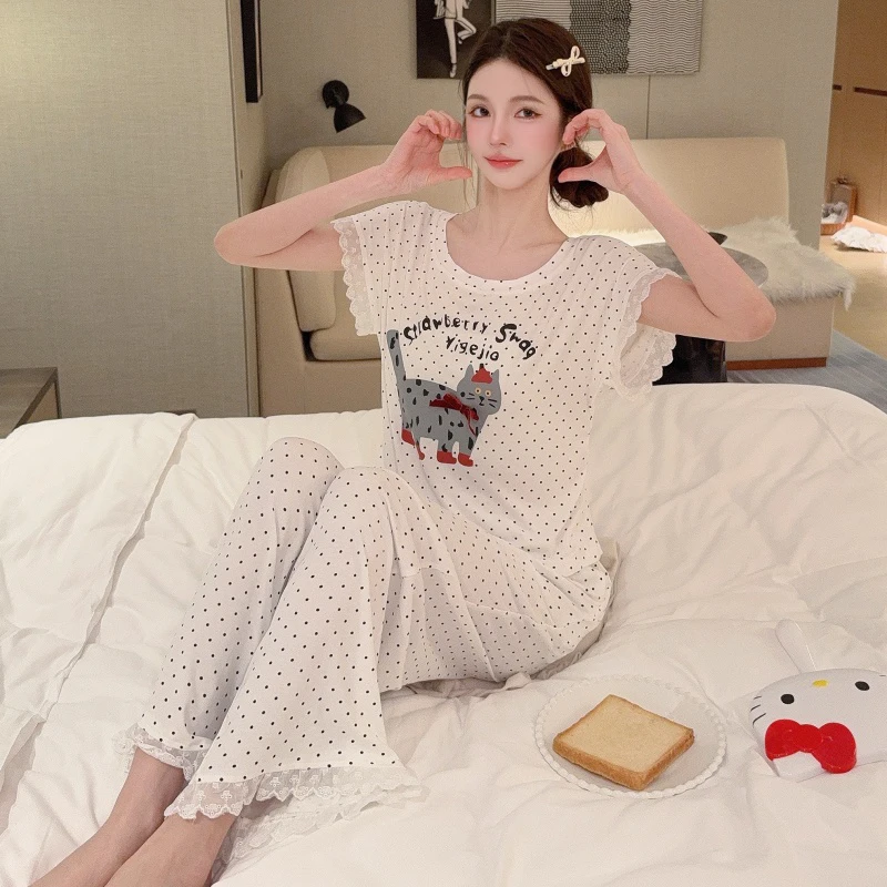 睡衣女款2025新款春夏季短袖长裤代尔波点两件套可外穿家居服套装