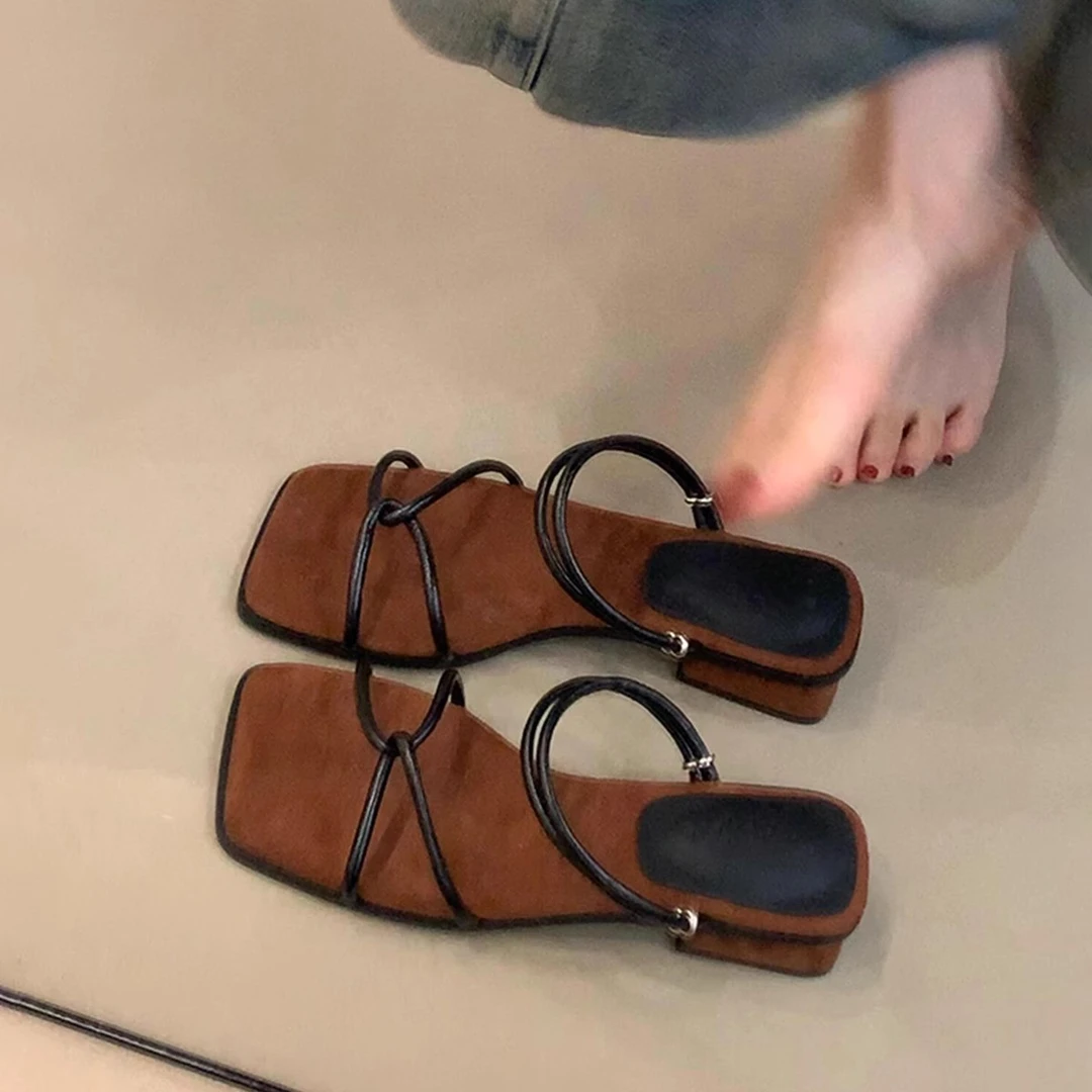 超火！~复古交叉细带罗马鞋女百搭复古方头露趾凉鞋两穿粗跟拖鞋