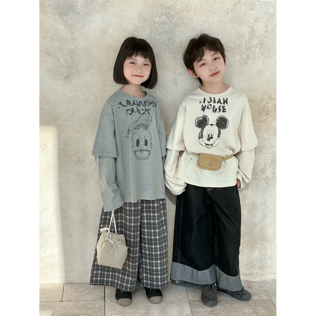 2025春季新款韩版儿童假两件卡通印花T恤男女童宽松百搭圆领长袖