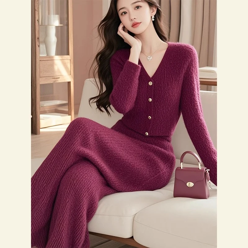 早冬装搭配一整套又a又飒盐系轻熟高级感富家千金紫色针织套装裤