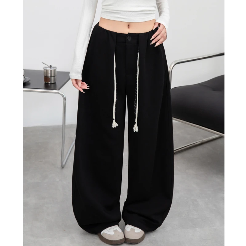 复古咖棕色休闲裤女新款秋冬季高腰双绳松紧腰卫裤直筒阔腿裤子