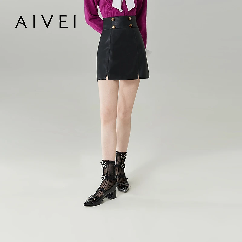【陈大可专属】AIVEI欣贺艾薇包臀简约开叉黑色PU皮短裙Q0560108