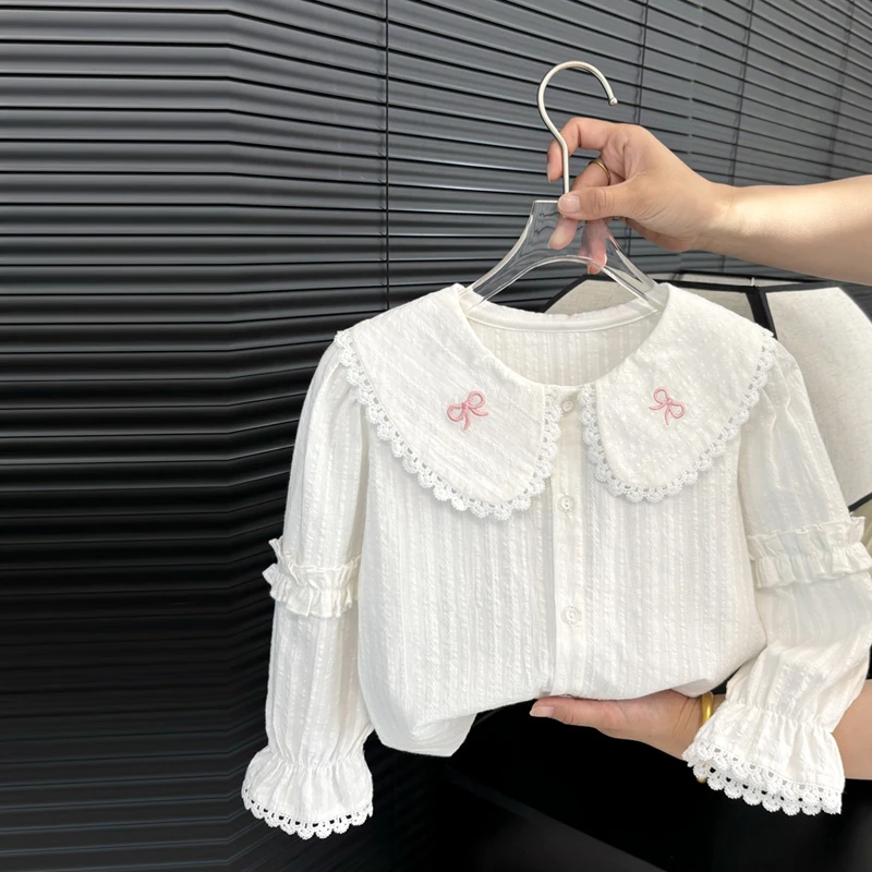 女童春秋季新款洋气韩版甜美蝴蝶结衬衫花边领打底衫儿童衣服春秋